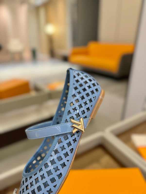 Romy Flat Ballerina Light Blue Perforated Patent Calf Leather 241229