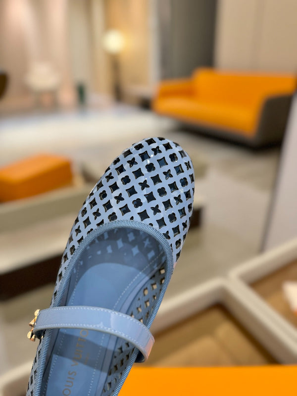 Romy Flat Ballerina Light Blue Perforated Patent Calf Leather 241229