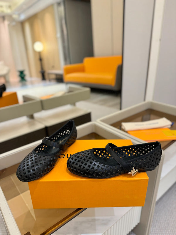 Romy Flat Ballerina Black Perforated Patent Calf Leather 241231