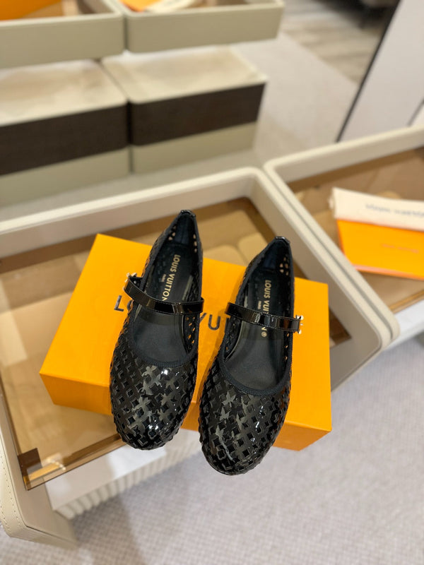 Romy Flat Ballerina Black Perforated Patent Calf Leather 241233