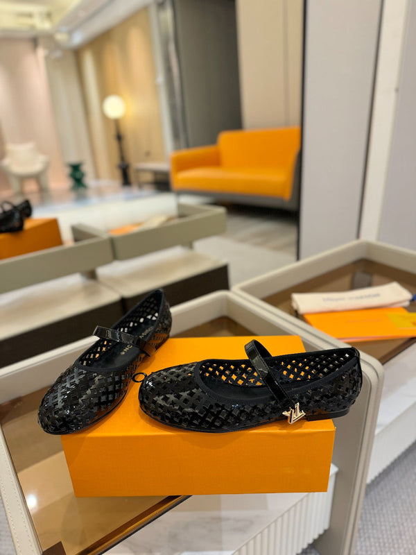 Romy Flat Ballerina Black Perforated Patent Calf Leather 241233