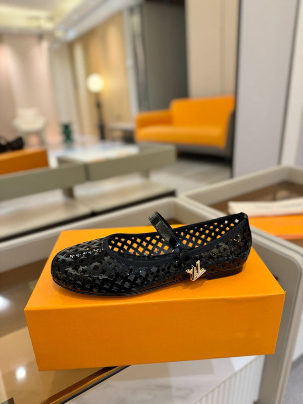 Romy Flat Ballerina Black Perforated Patent Calf Leather 241233