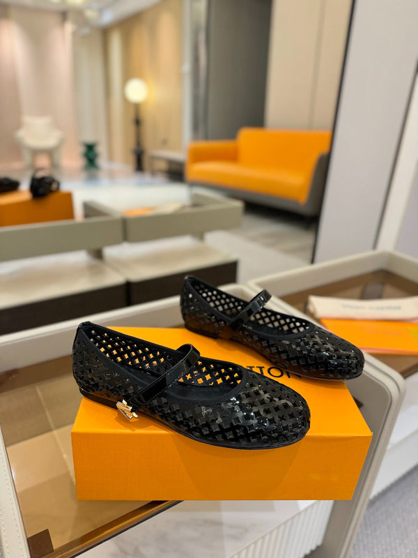 Romy Flat Ballerina Black Perforated Patent Calf Leather 241233