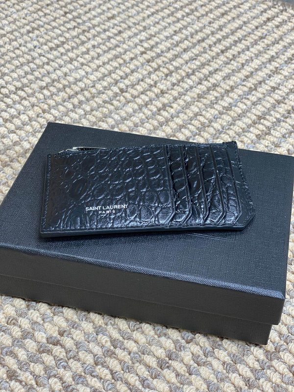YSL Zip Card Case Black Croc Embossed Leather