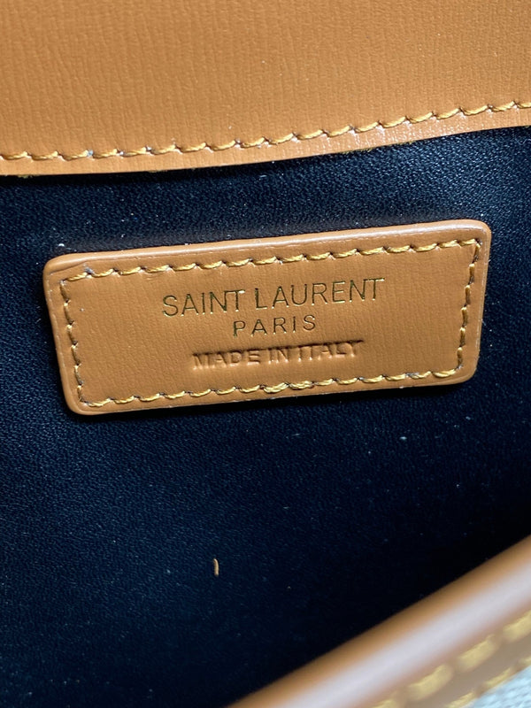 YSL 22s Uptown Pouch Clutch Bag Beige Brown Canvas GHW