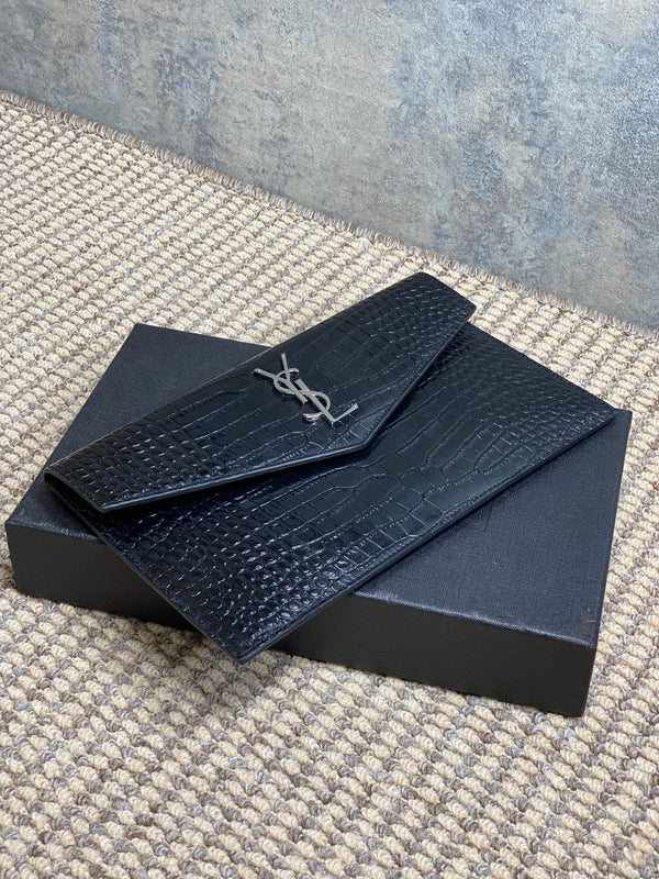 YSL 22s Uptown Pouch Clutch Bag Black Croc Embossed Leather Sliver HW