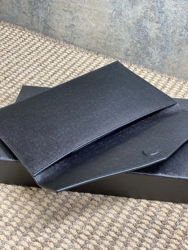 YSL 22s Uptown Pouch Clutch Bag Black Cowhide Sliver HW