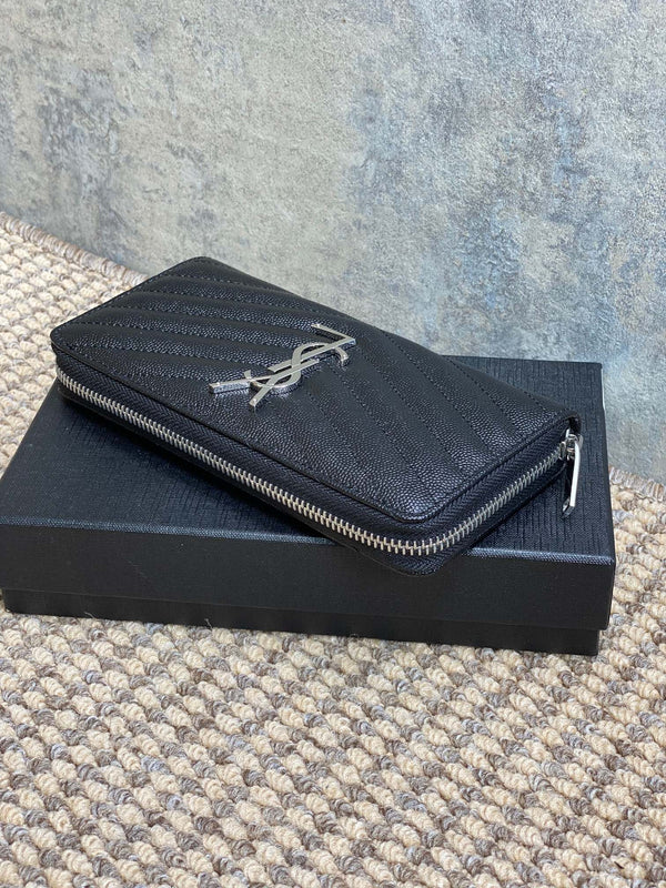 YSL Zippy Long Wallet Black Caviar Cowhide Sliver HW