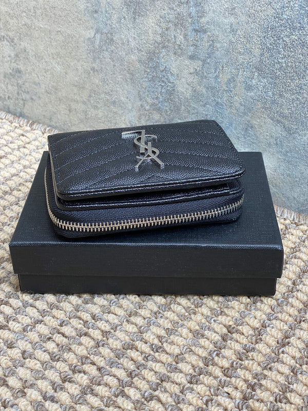 YSL Cassandre Matelassé Compact Zip-Around Wallet Black Caviar Cowhide Sliver HW