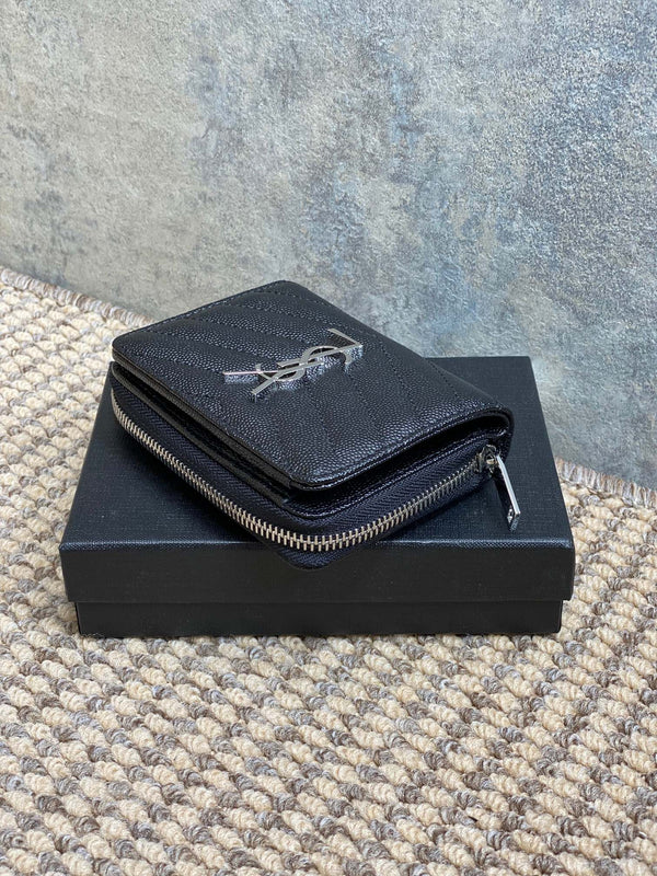 YSL Cassandre Matelassé Compact Zip-Around Wallet Black Caviar Cowhide Sliver HW