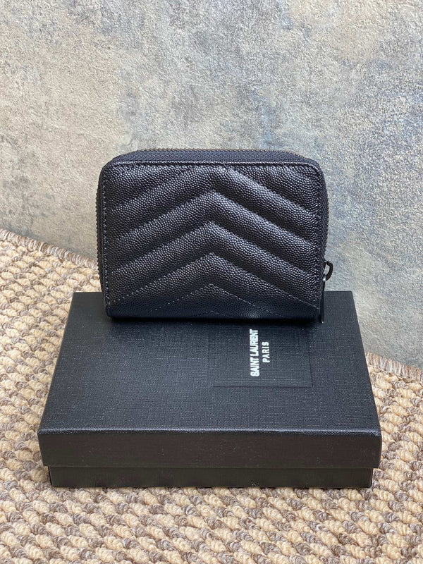 YSL Cassandre Matelassé Compact Zip-Around Wallet Full Black Caviar Cowhide