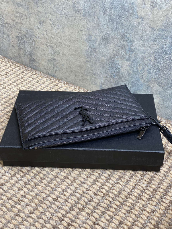 YSL Black Hardware Logo Zipper Clutch 23cm Black Caviar Cowhide