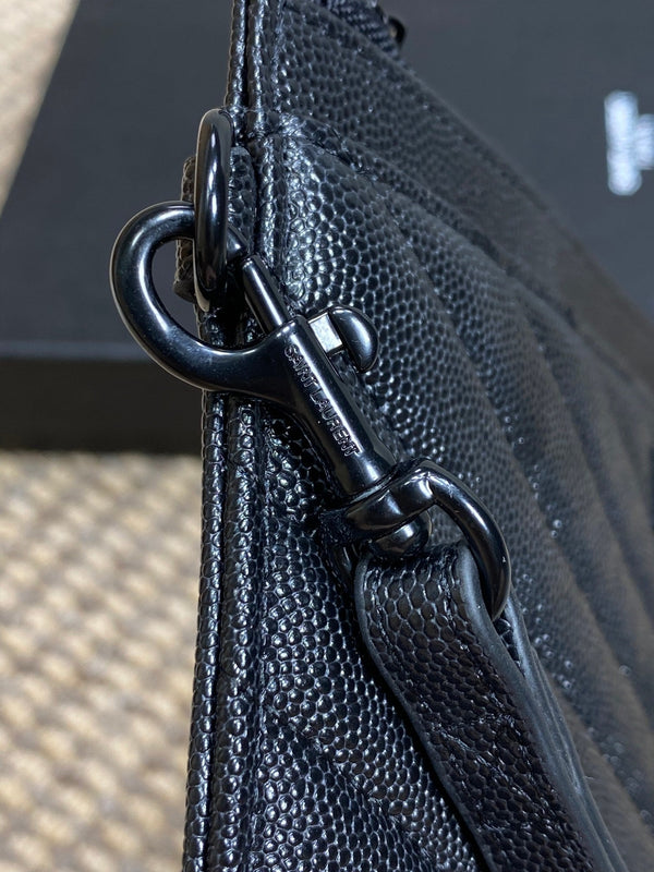 YSL Black Hardware Logo Zipper Clutch 23cm Black Caviar Cowhide