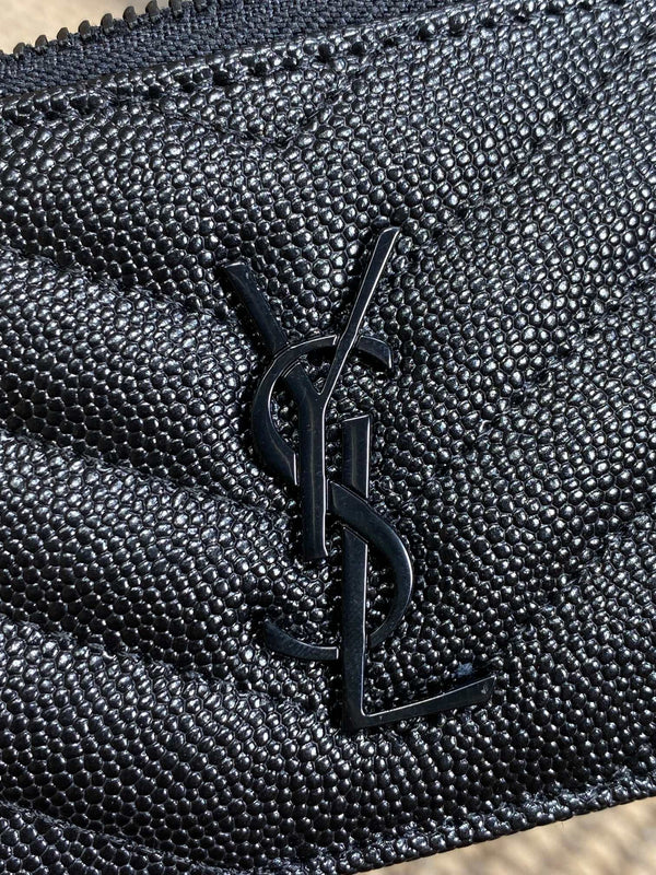 YSL Zip Coin Case With Card Full Black Caviar Cowhide GHW