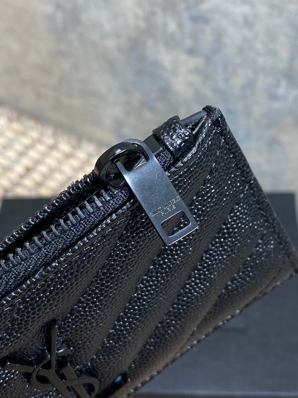 YSL Zip Coin Case With Card Full Black Caviar Cowhide GHW