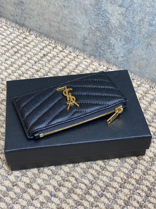 YSL Zip Coin Case With Card Black Caviar Cowhide GHW