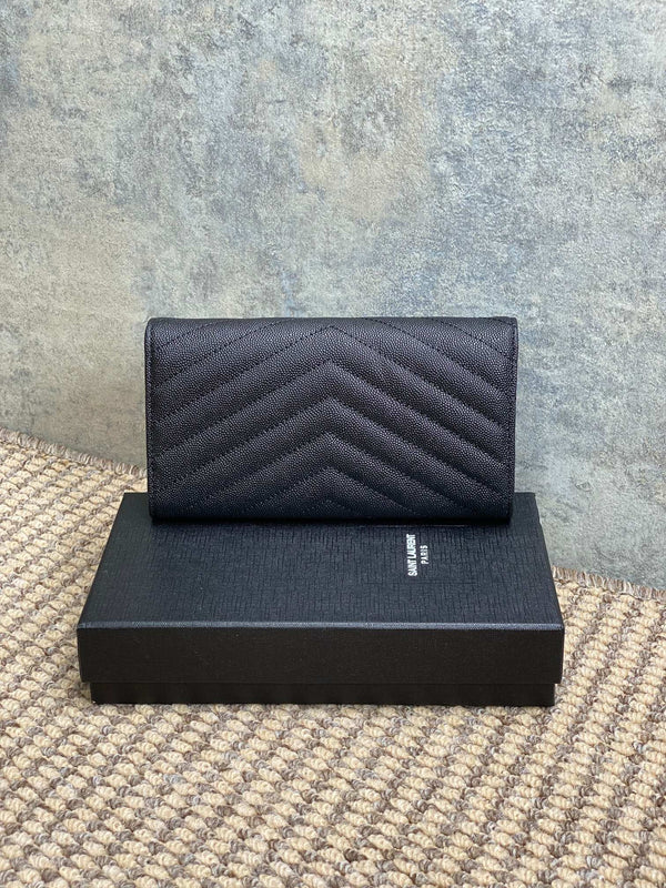YSL Cassandre Envelope Flap Wallet Black Caviar Cowhide Sliver HW