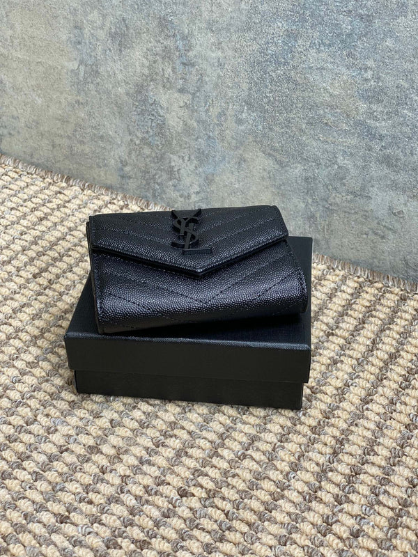 YSL Compact Flap Cassendre Wallet 10cm Full Black Leather