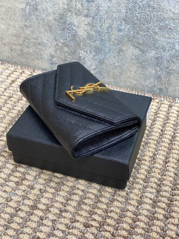 YSL GHW Logo Monogram Card Flap Wallet 13.5cm Black Caviar Cowhide