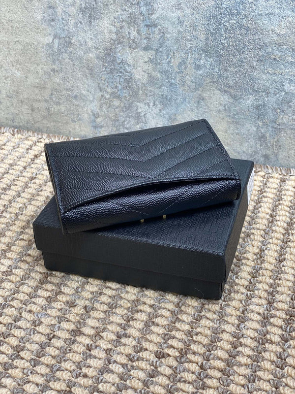 YSL GHW Logo Monogram Card Flap Wallet 13.5cm Black Caviar Cowhide