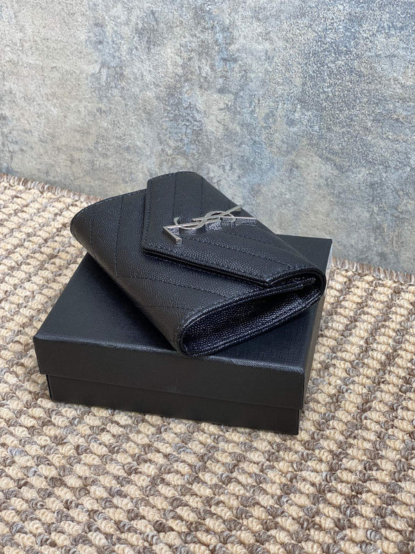 YSL Sliver Logo Monogram Card Flap Wallet 13.5cm Black Caviar Cowhide
