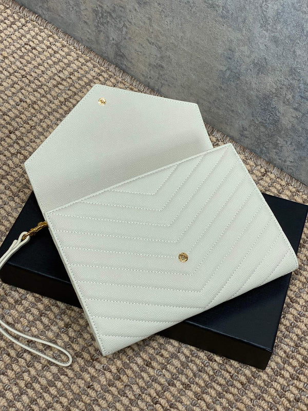 YSL Gold Hardware Logo Clutch 21cm White Caviar Cowhide