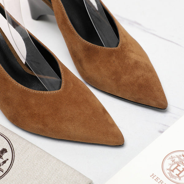 HM Classic High-Heeled Slingback 70mm Brown Suede Sheepskin 547642