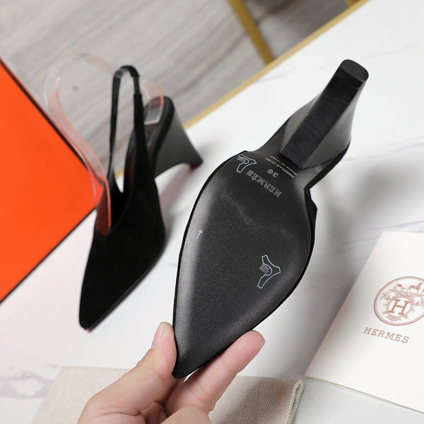 HM Classic High-Heeled Slingback 70mm Black Suede Sheepskin 547643