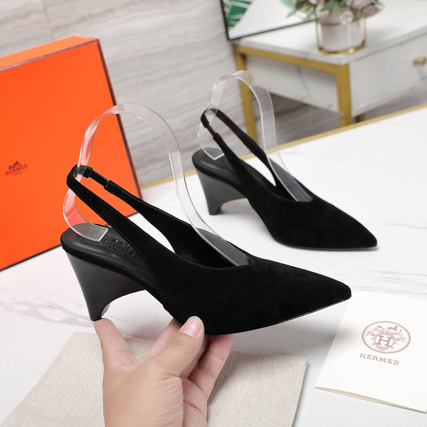 HM Classic High-Heeled Slingback 70mm Black Suede Sheepskin 547643