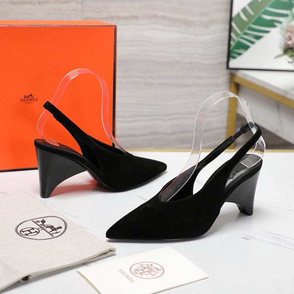 HM Classic High-Heeled Slingback 70mm Black Suede Sheepskin 547643