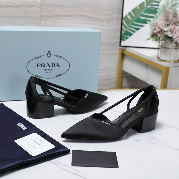 Prada Cutout Satin Pointy-Toe Pump 50mm Black Satin 456276