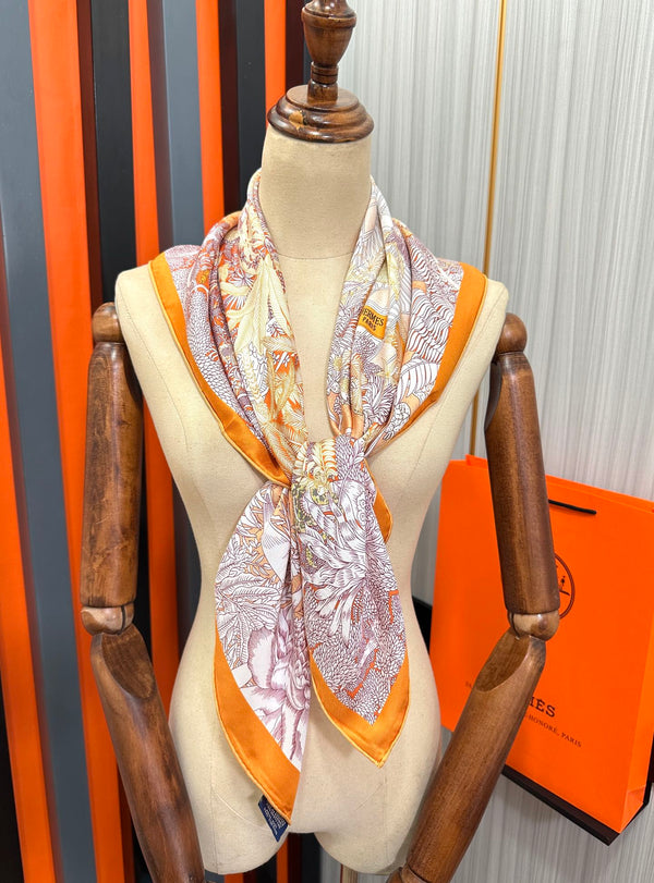 HM 25s Foulard 90cm Orange Rose clair Cachemire Soie 965568
