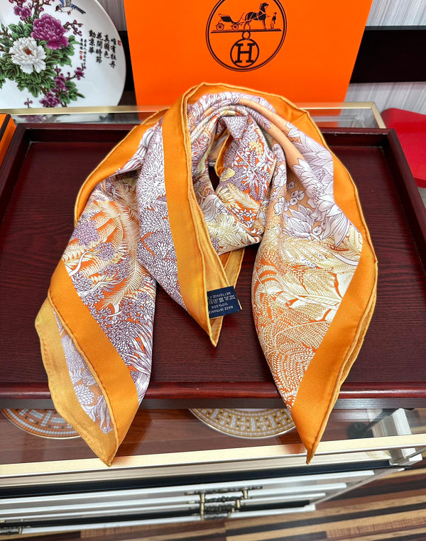 HM 25s Foulard 90cm Orange Rose clair Cachemire Soie 965568