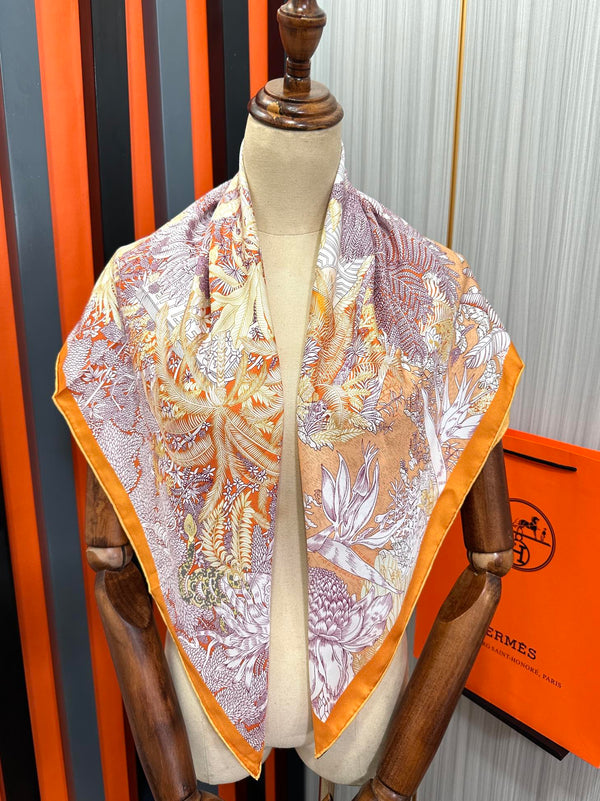HM 25s Foulard 90cm Orange Rose clair Cachemire Soie 965568