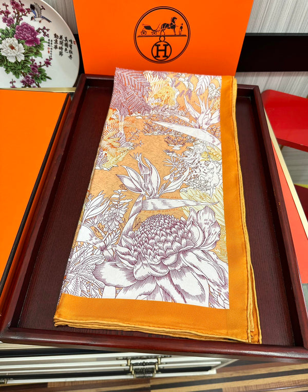HM 25s Foulard 90cm Orange Rose clair Cachemire Soie 965568