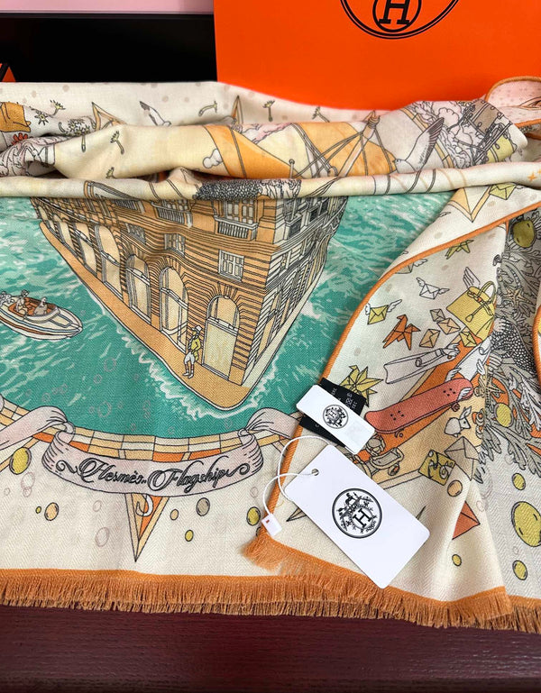 HM 26s Écharpe double face 185cm Crème Orange Vert Cachemire 153122
