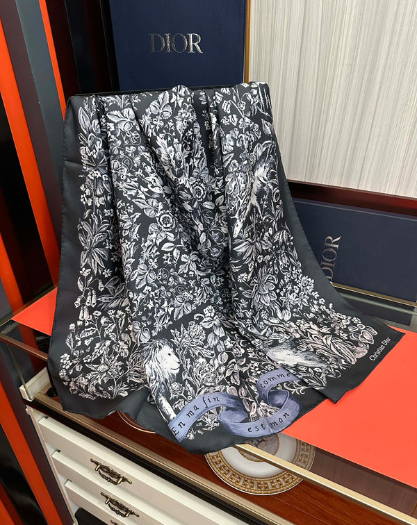 CD Around the World Scarf 90x90cm Black Colorful Twill Silk 304660