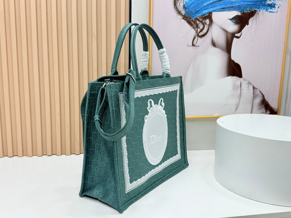 CD Dioramour Book Tote Teal Green Dior Oblique Embroidery with White Lace