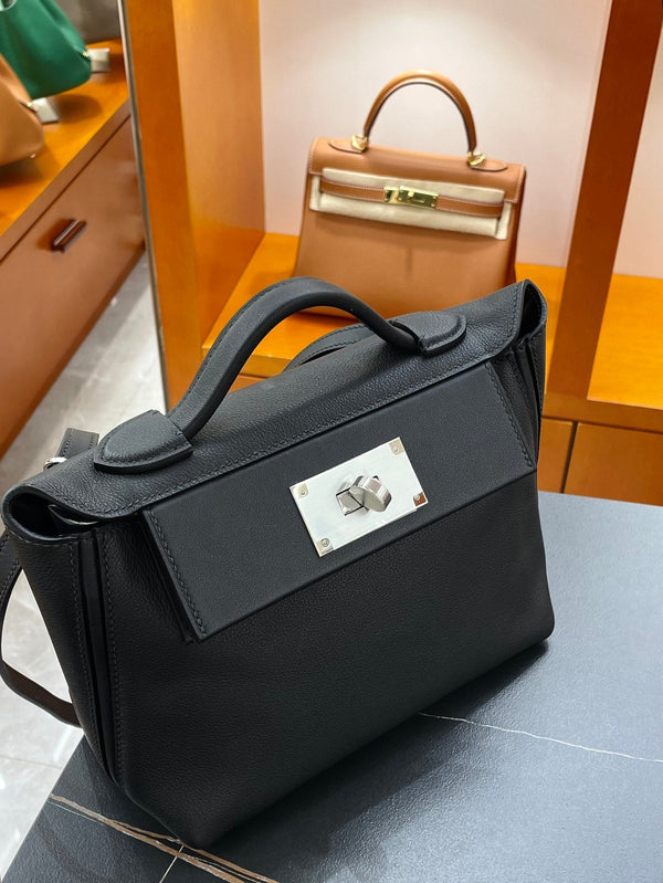 HM Mini 24 Sur 24 Bag 21cm Black Swift Cowhide Silver Hardware 250278