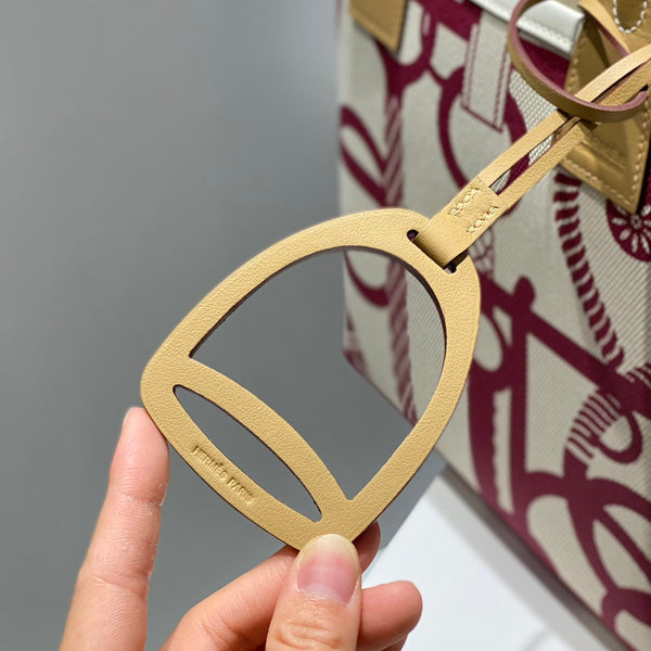 STEEPLE 28 BAG IN OFF-WHITE MIX PERSIAN PLUM RED CANVAS AND BROWN SWIFT LEATHER