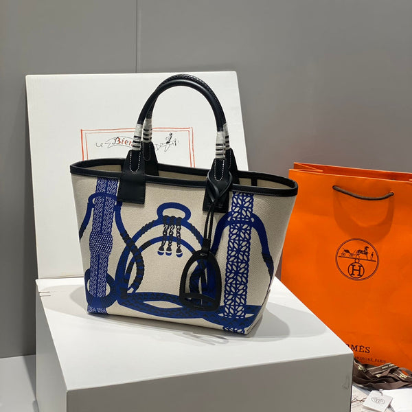 BORSA STEEPLE 28 IN TELA BLU MISTA BIANCO SPORCO E PELLE DI VITELLO NERA
