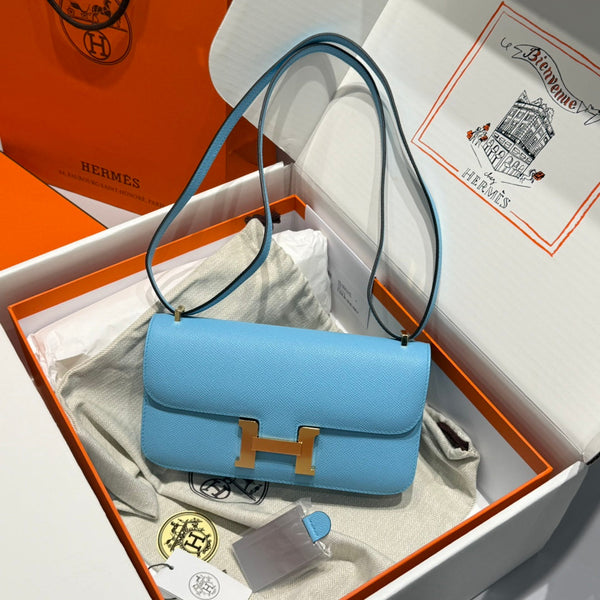 Borsa HM Constance Elan 24 cm in pelle Epsom blu nuvola, finiture dorate