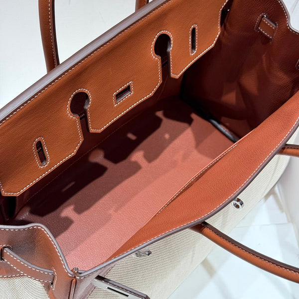 HM Birkin 35cm Gold Swift Leather Beige Canvas Silver Hardware