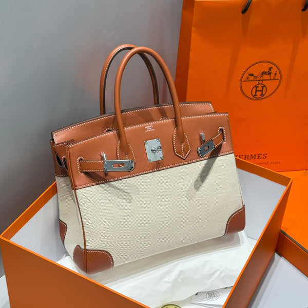 HM Birkin 35cm Gold Swift Leather Beige Canvas Silver Hardware