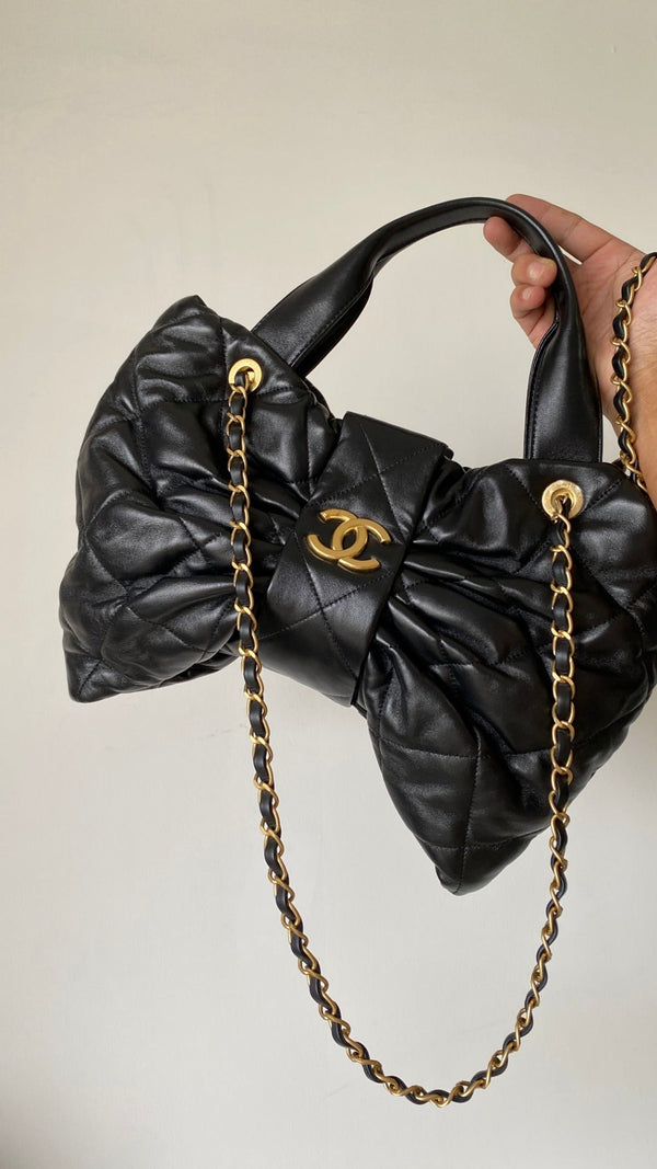 CC 25 AW Mini Bow Bag 38cm Black Shiny Lambskin