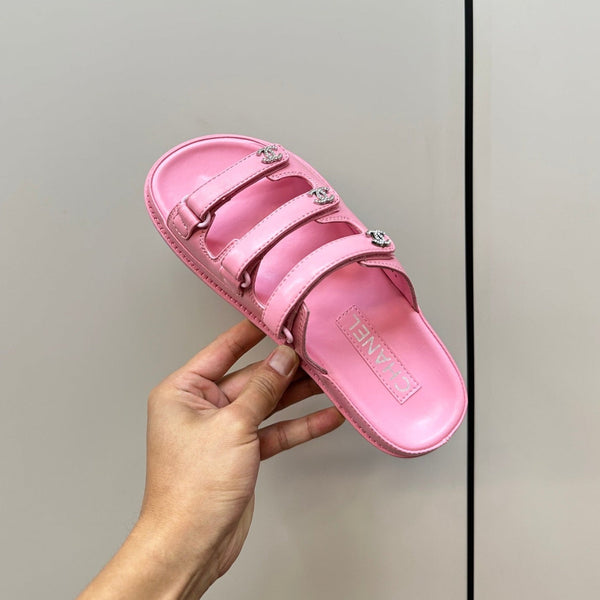 dad sandals pink triple strap lambskin mules