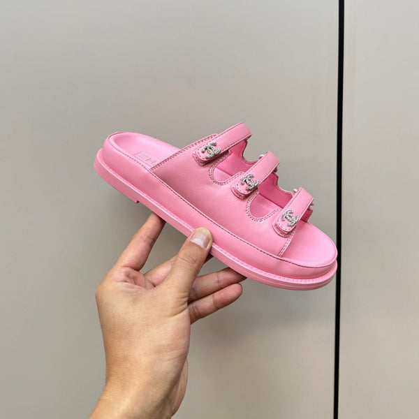 dad sandals pink triple strap lambskin mules