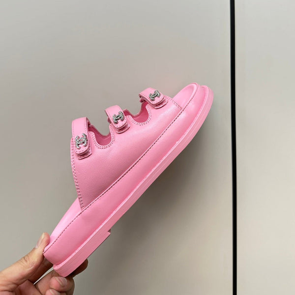 dad sandals pink triple strap lambskin mules