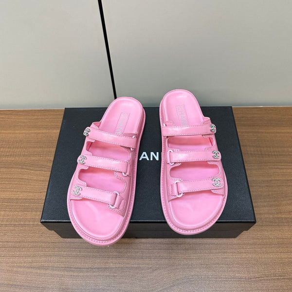 dad sandals pink triple strap lambskin mules
