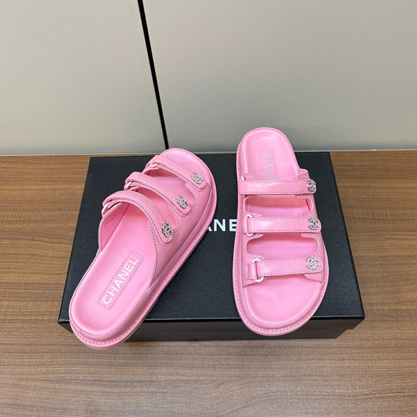 dad sandals pink triple strap lambskin mules